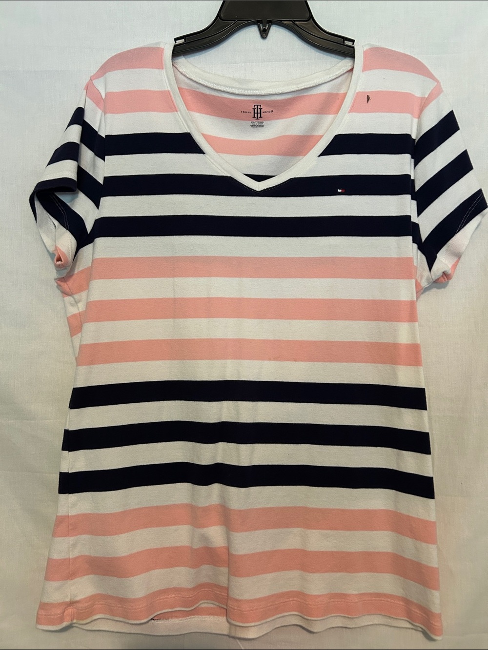 Tommy Hilfiger Pink, Navy & White Striped V-Neck Tee